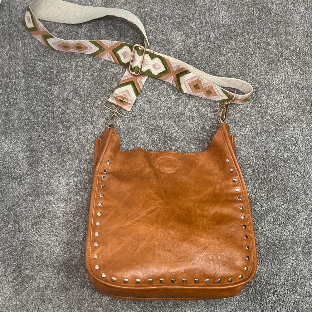 Ah-dorned Golden Tan Studded Crossbody Bag with Removable Tapestry Strap